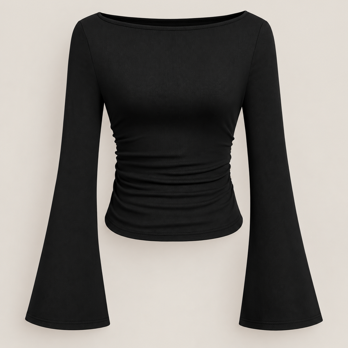 Women's Boat Neck Ruched Bell Sleeve Top