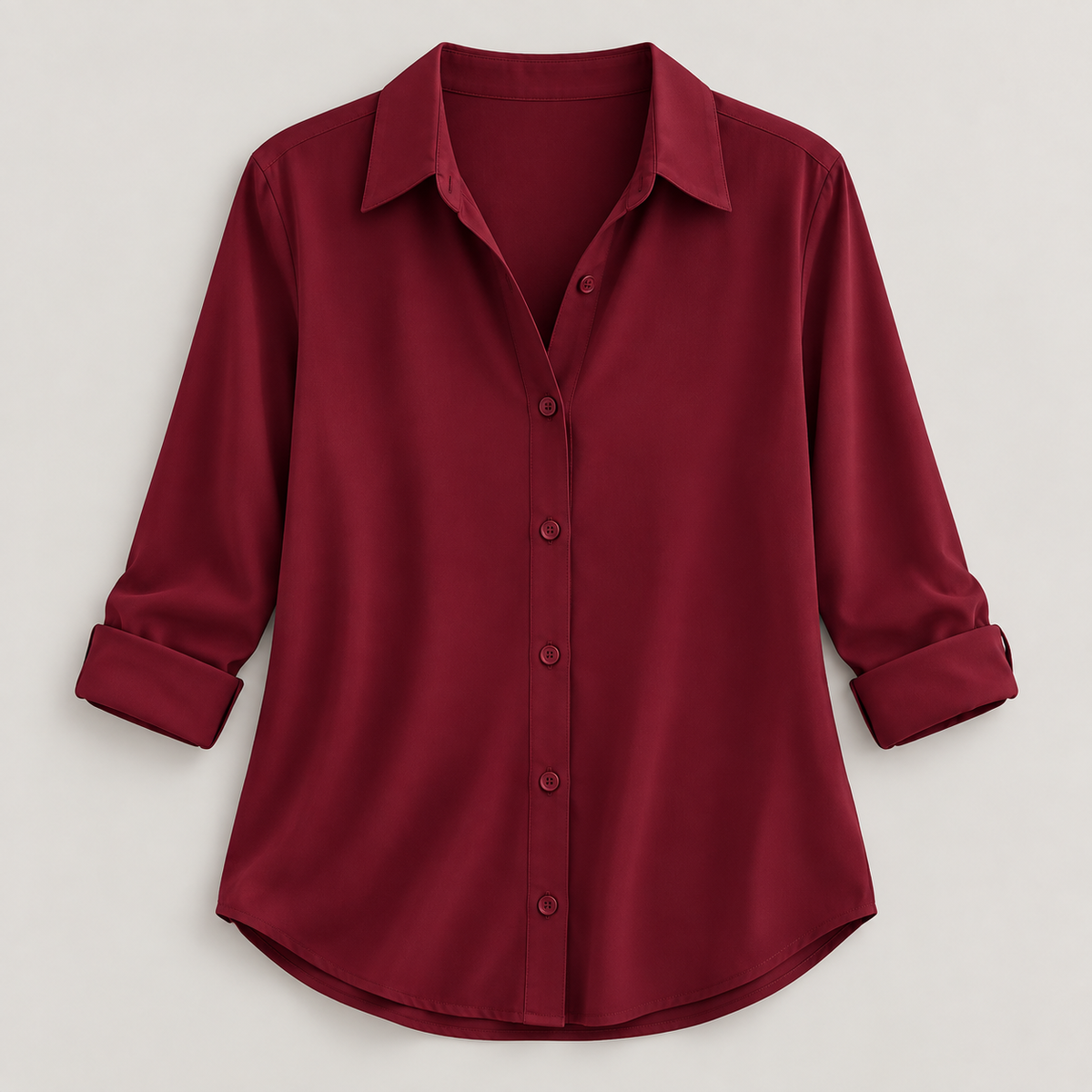 Women’s Solid Color Button-Up Shirt with Collared Neck and Curved Hem