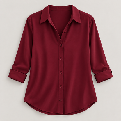 Women’s Solid Color Button-Up Shirt with Collared Neck and Curved Hem