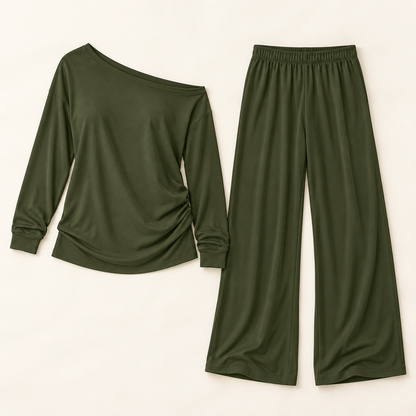 Women’s Off-Shoulder Long Sleeve Top & Wide-Leg Pants Set