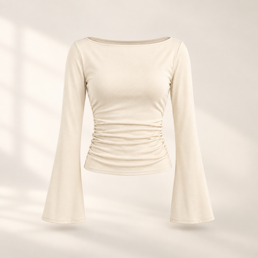 Women's Boat Neck Ruched Bell Sleeve Top