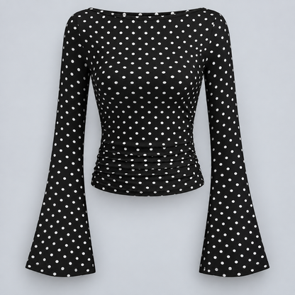 Women's Boat Neck Ruched Bell Sleeve Top