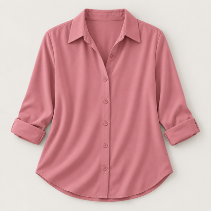 Women’s Solid Color Button-Up Shirt with Collared Neck and Curved Hem