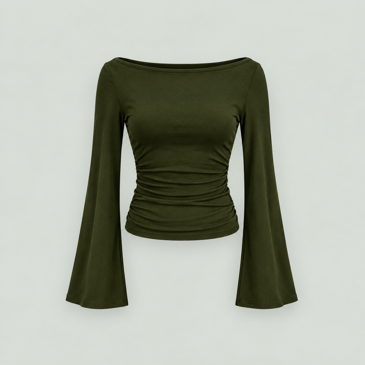 Women's Boat Neck Ruched Bell Sleeve Top