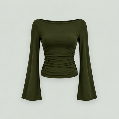 Women's Boat Neck Ruched Bell Sleeve Top