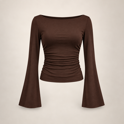 Women's Boat Neck Ruched Bell Sleeve Top