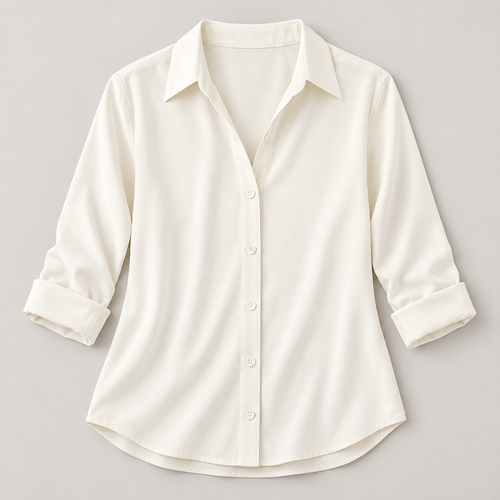 Women’s Solid Color Button-Up Shirt with Collared Neck and Curved Hem
