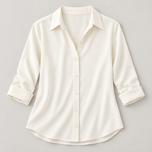 Women’s Solid Color Button-Up Shirt with Collared Neck and Curved Hem