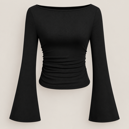 Women's Boat Neck Ruched Bell Sleeve Top