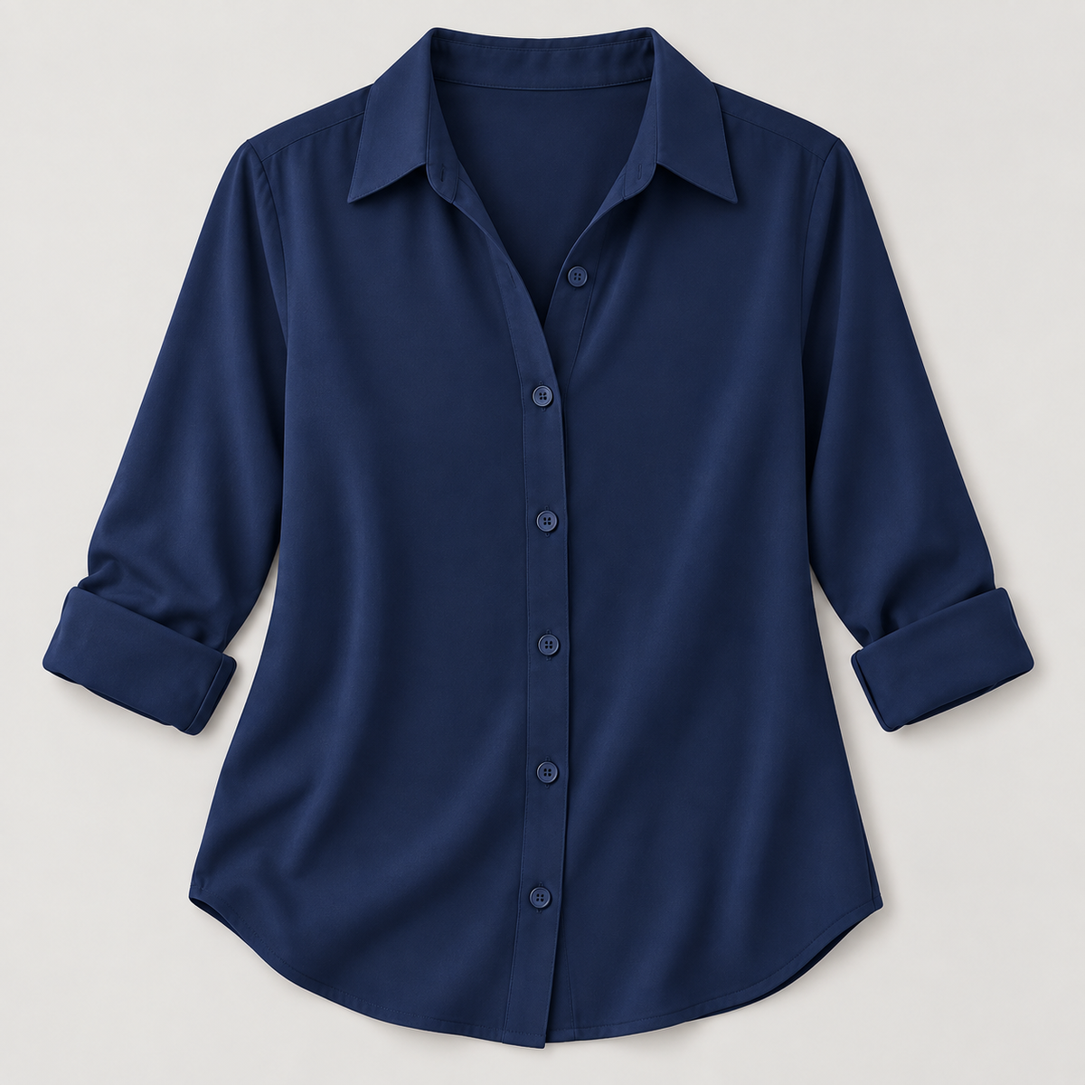 Women’s Solid Color Button-Up Shirt with Collared Neck and Curved Hem