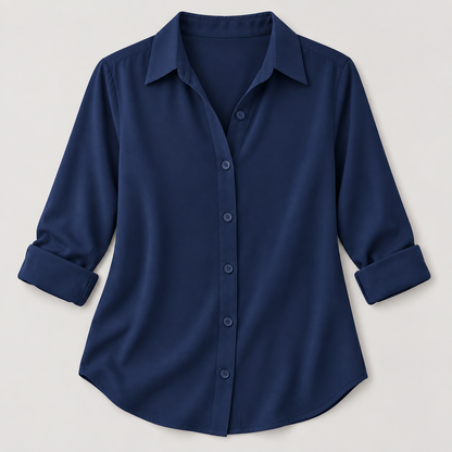 Women’s Solid Color Button-Up Shirt with Collared Neck and Curved Hem