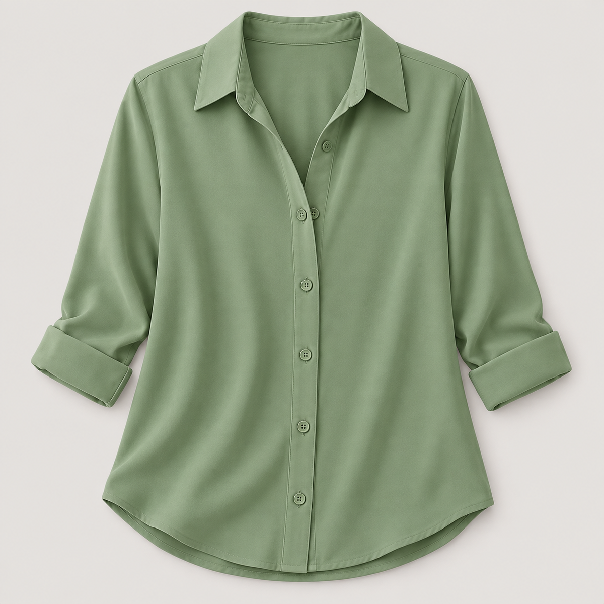 Women’s Solid Color Button-Up Shirt with Collared Neck and Curved Hem
