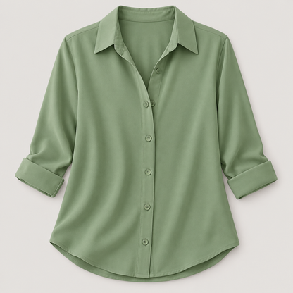 Women’s Solid Color Button-Up Shirt with Collared Neck and Curved Hem