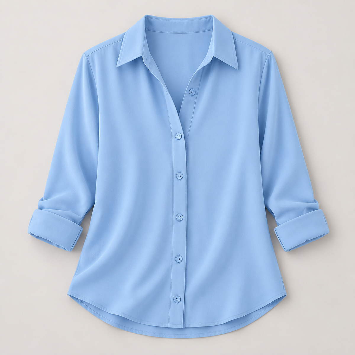 Women’s Solid Color Button-Up Shirt with Collared Neck and Curved Hem