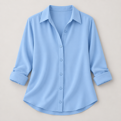 Women’s Solid Color Button-Up Shirt with Collared Neck and Curved Hem
